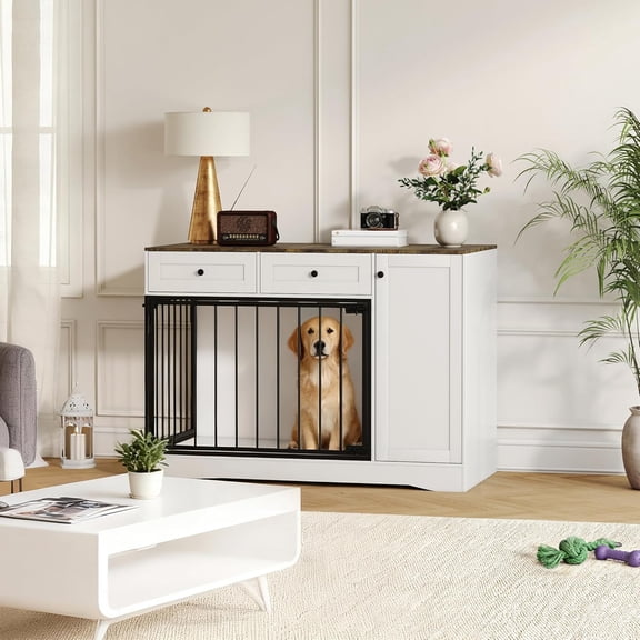 QinaQin Farmhouse Dog Crate Furniture with Double Doors, TV Stand & Buffet Cabinet, Dog Cage Side Table with 2 Drawers & Storage for Small & Medium Dogs,Wood