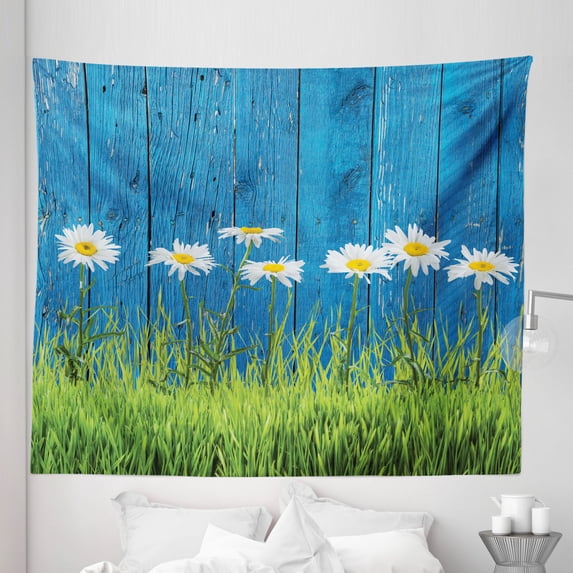 Flower Tapestry, Fresh Springtime Grass and Daisy on Fence Summer Simple Vintage Style Print, Fabric Wall Hanging Decor for Bedroom Living Room Dorm, 5 Sizes, Blue Green White, by Ambesonne