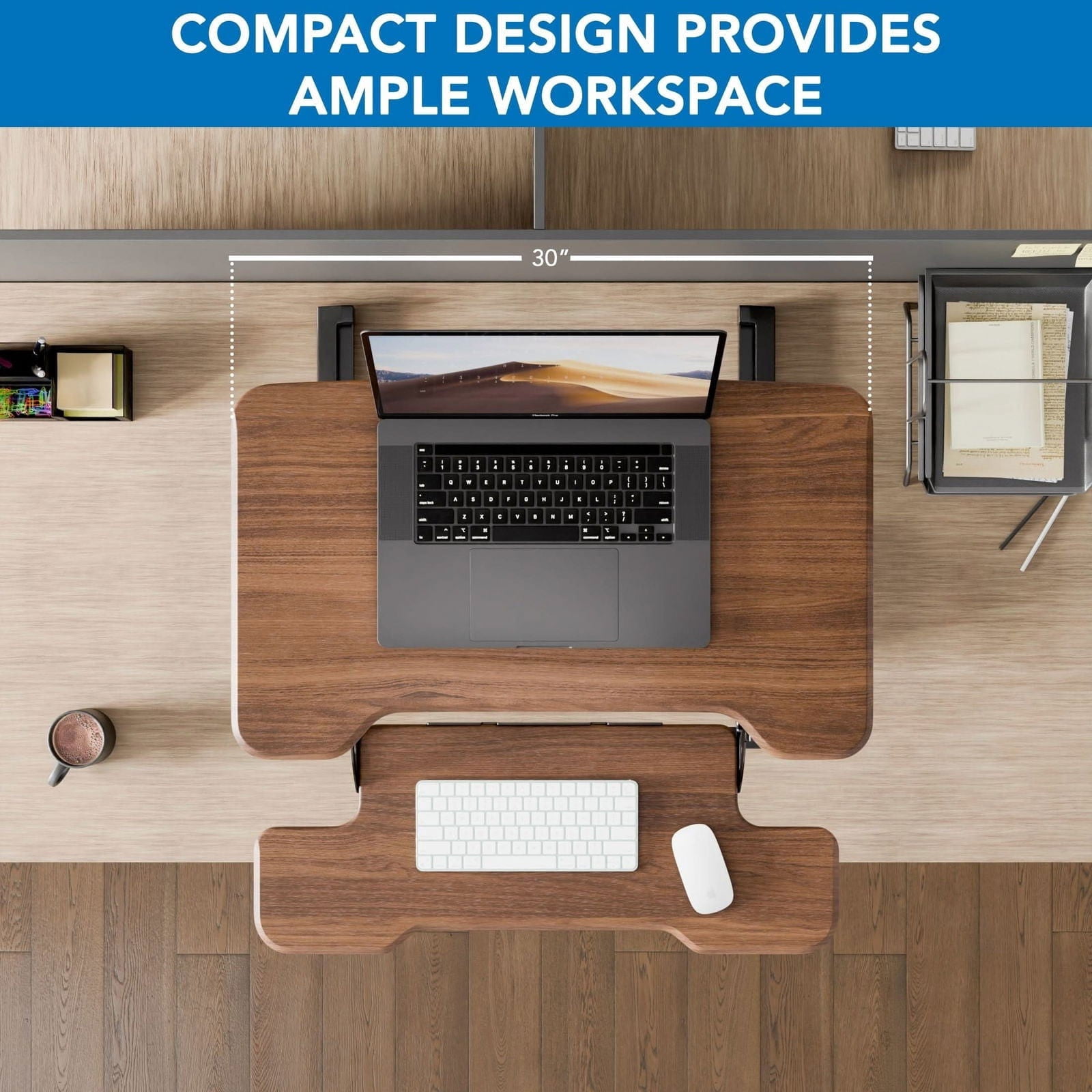 30'' Compact Standing Desk Converter – Height Adjustable Sit Stand Riser with Keyboard Tray, Gas Spring Lift – Ideal for Small Spaces, Home or Office, Dark Walnut