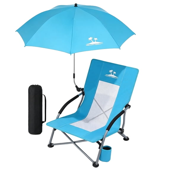ELEKA Folding Beach Chairs for Adults， Extra Wide 21" Low Seat Camping Chairs with Removable Adjustable Umbrella