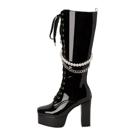 

Winter Chelsea Boots for Women Solid Color Square Toe Thick High Heels Platform Glossy Leather Boots Lace Up Pearl Chain Fashion Store High Boots Knee High Boots(Size:7)