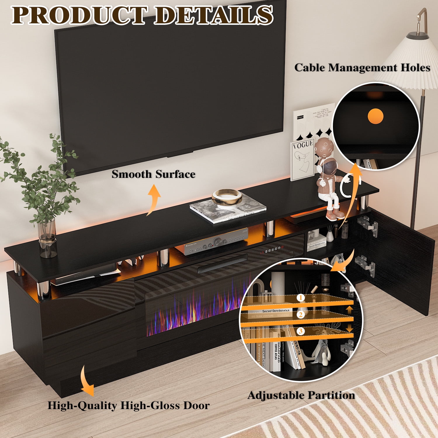 BOSSIN Fireplace TV Stand with 36" Electric Fireplace for Living Room,LED Light Entertainment Center,2 Tier TV Console Stand for TVs Up to 80"