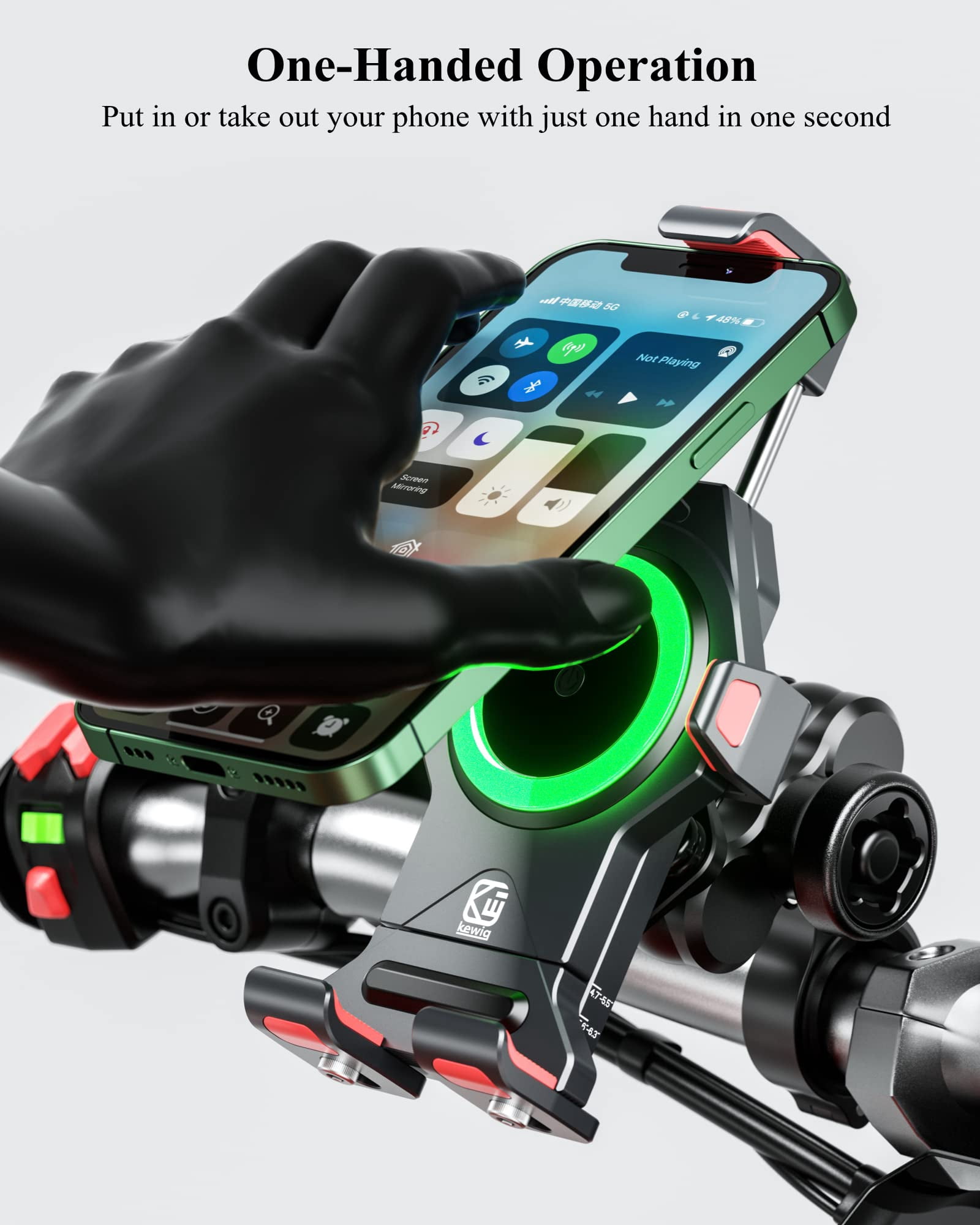 Motorcycle Phone Mount with Qi 15W Wireless Charger & Vibration Dampener, Anti-Theft, Anti-Shake, Adjustable, Aluminum Alloy Motorcycle Handlebar Cellphone Holder for 4.7''-7.2'' Smartphones