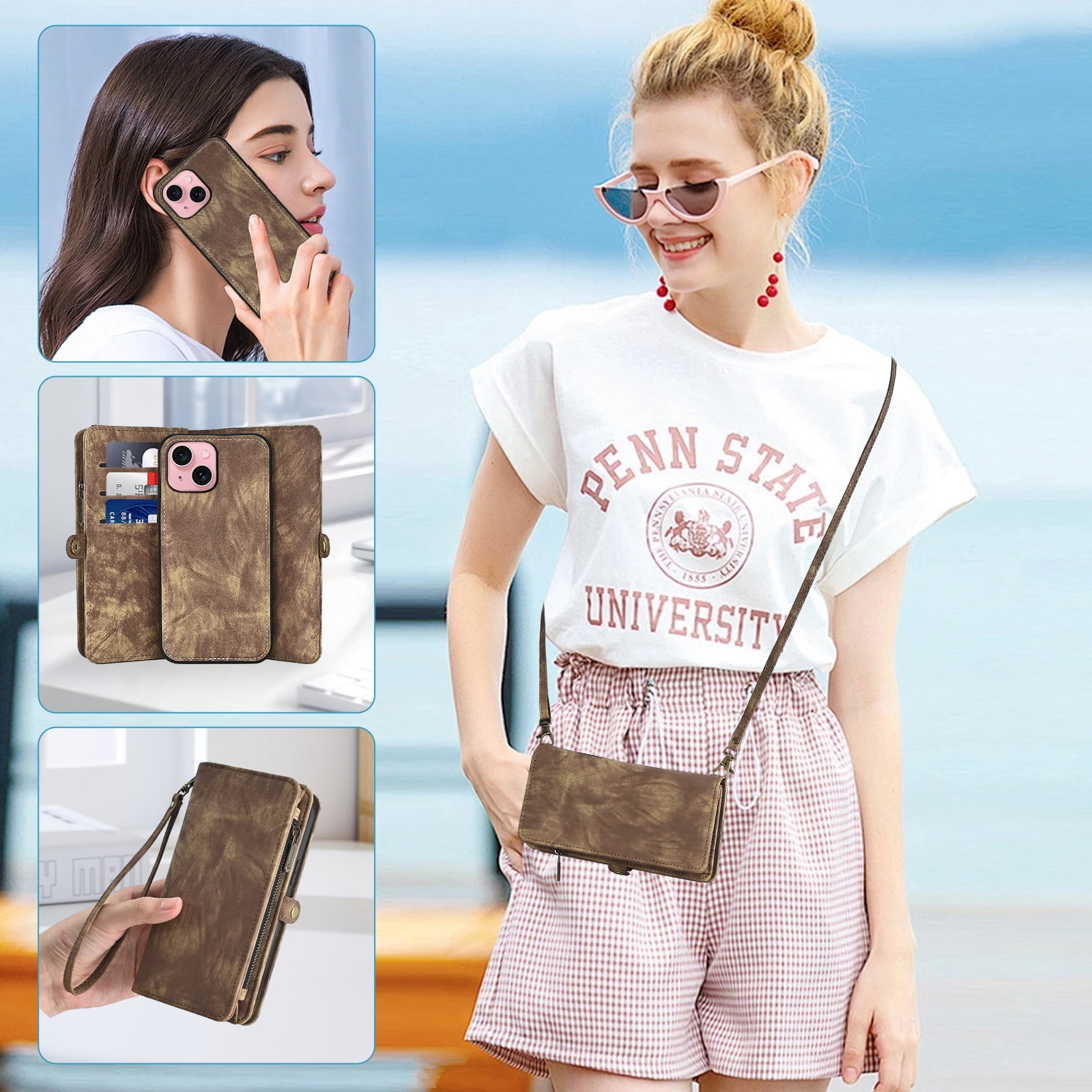 Compatible with iPhone 15 Plus 6.7 inch Phone Case Zipper Wallet Detachable Tempered Glass Screen Protector Lanyard Strap Flip Card Holder Cell Cover for i Phone15 15+ i15 + 15Plus Women Brown