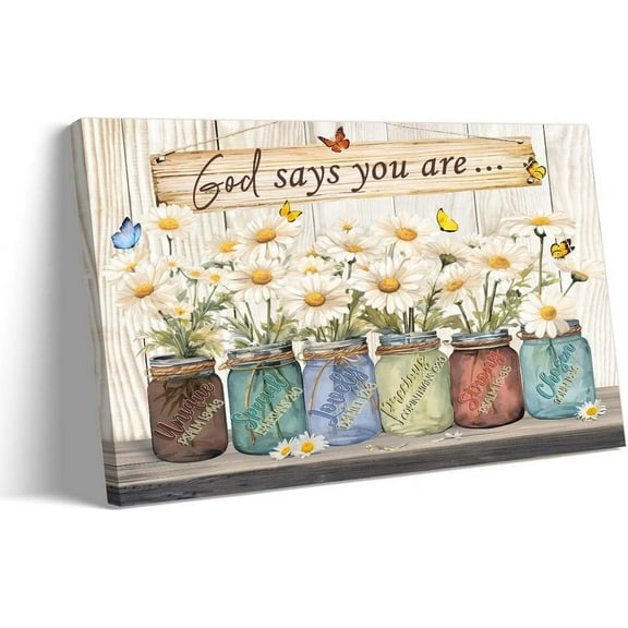 Daisy Wall Art God Says You Are Christian Encouragement Poster White Floral Bible Verses Wall Decor for Room Ready To Hang 12x18 inches