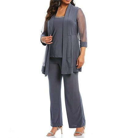 R & M Richards Mock 3-Piece Beaded-Neck Pant Set, Charcoal, 14P