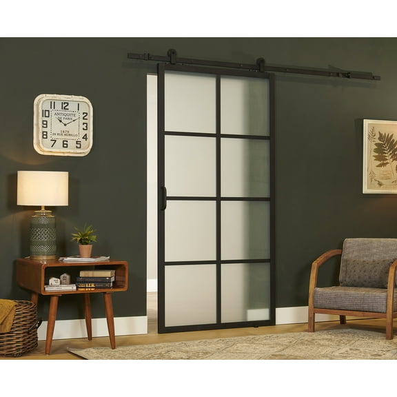 Pinecroft French Glass Barn Door Kit with Black Frame and Frosted Glass 42" x 84"