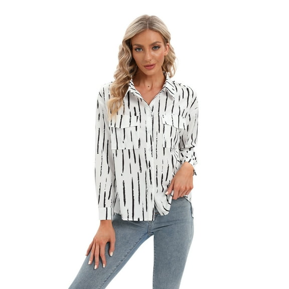 EFINNY Women's Long Sleeves Shirts V Neck Roll up Sleeve Striped Button Down Tunics Blouses Shirts Tops with Pockets