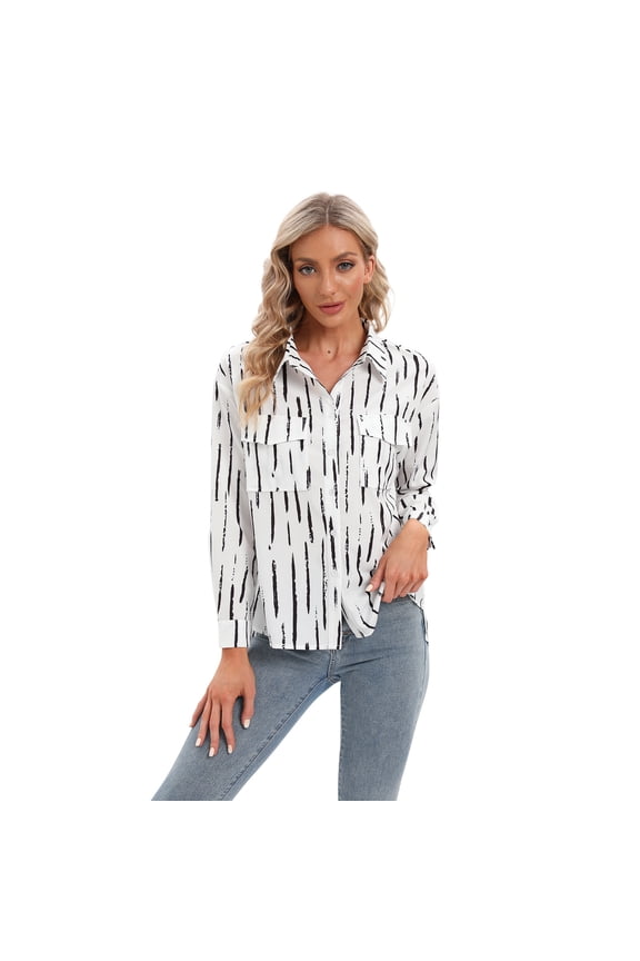 Women's Long Sleeves Shirts V Neck Roll up Sleeve Striped Button Down Tunics Blouses Shirts Tops with Pockets