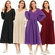 thumbnail image 3 of Vestido de color sólido para mujer, cuello en V, manga larga, puño elástico, fruncido, vestido MABOTO Vestido de color liso, 3 of 7