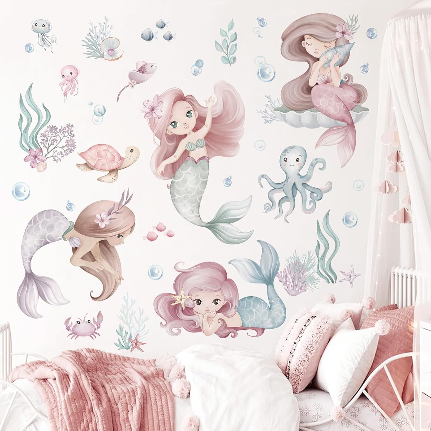 Under The Sea Mermaid Wall Stickers Ocean Theme Turtle Seaweed Peel and Stick Wall Art Decals for Baby Nursery Girls Bedroom Bathroom