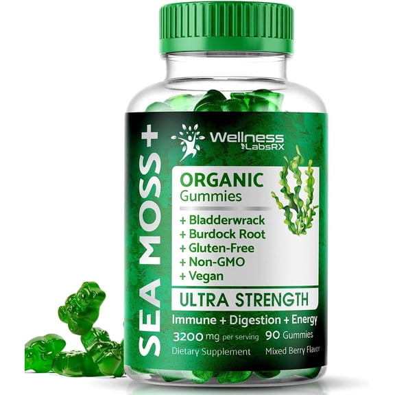 WELLNESS LABSRX Organic Sea Moss Gummies 3200mg - Irish Sea Moss with Bladderwrack & Burdock Root - Immunity, Skin, Joint Support Gummy (90 Count)