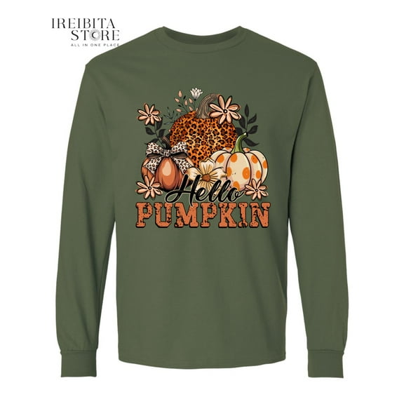 Hello Pumpkin Long Sleeve Shirt – 100% Cotton, Fall  Halloween Tee
