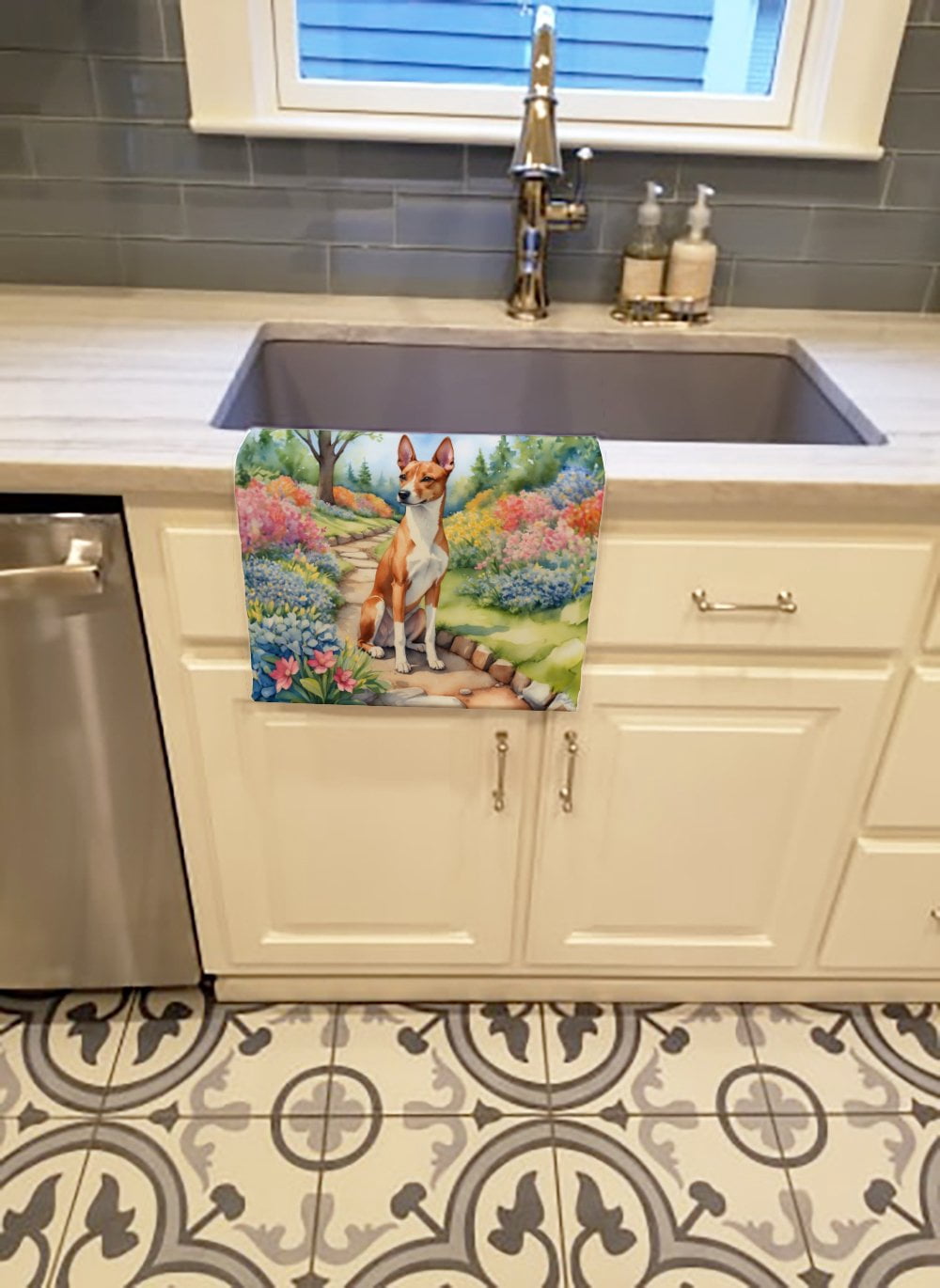 Basenji Spring Garden Kitchen Towel 15 in x 25 in