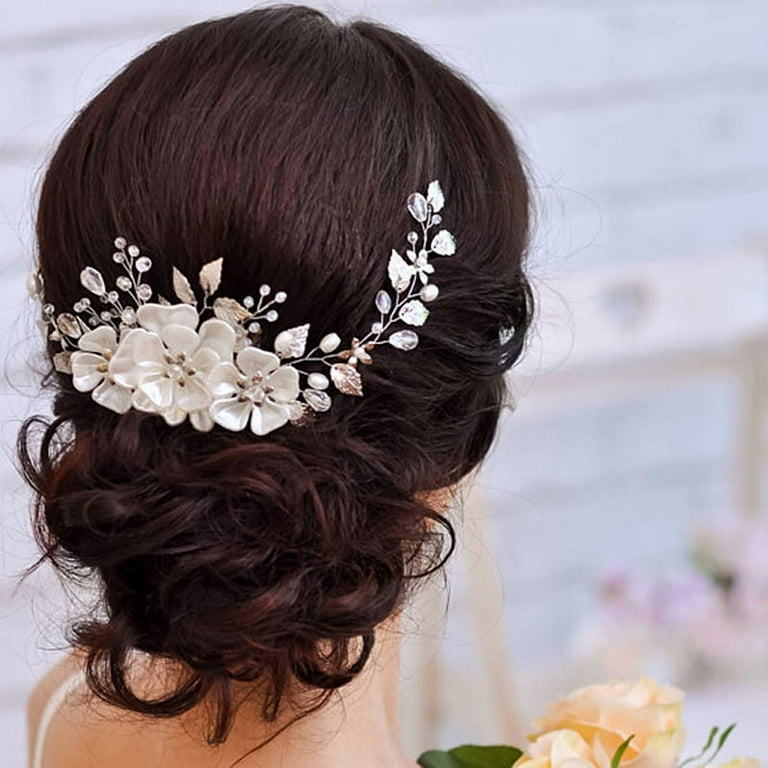 Mariell Bridal Wedding Hair Clip with White Resin Flowers, Pearls Matte  Silver Leaves 4656HC-I-S