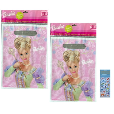 Barbie Birthday Party Supplies Bundle includes 16 Party Favor Loot Bags and 1 Dinosaur Sticker Sheet