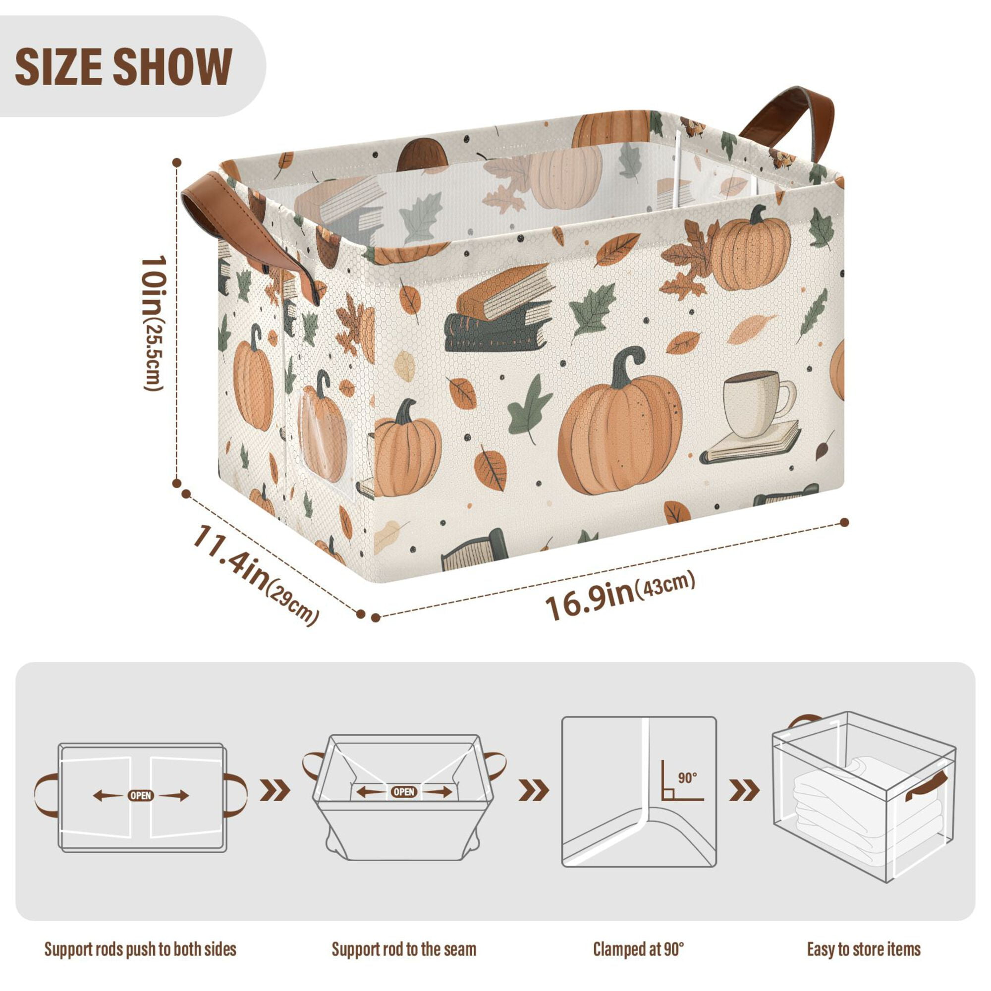 Yayeee Foldable Storage Basket for Shelves with Handles Waterproof Cloth Bins, Beige Fall Leaves