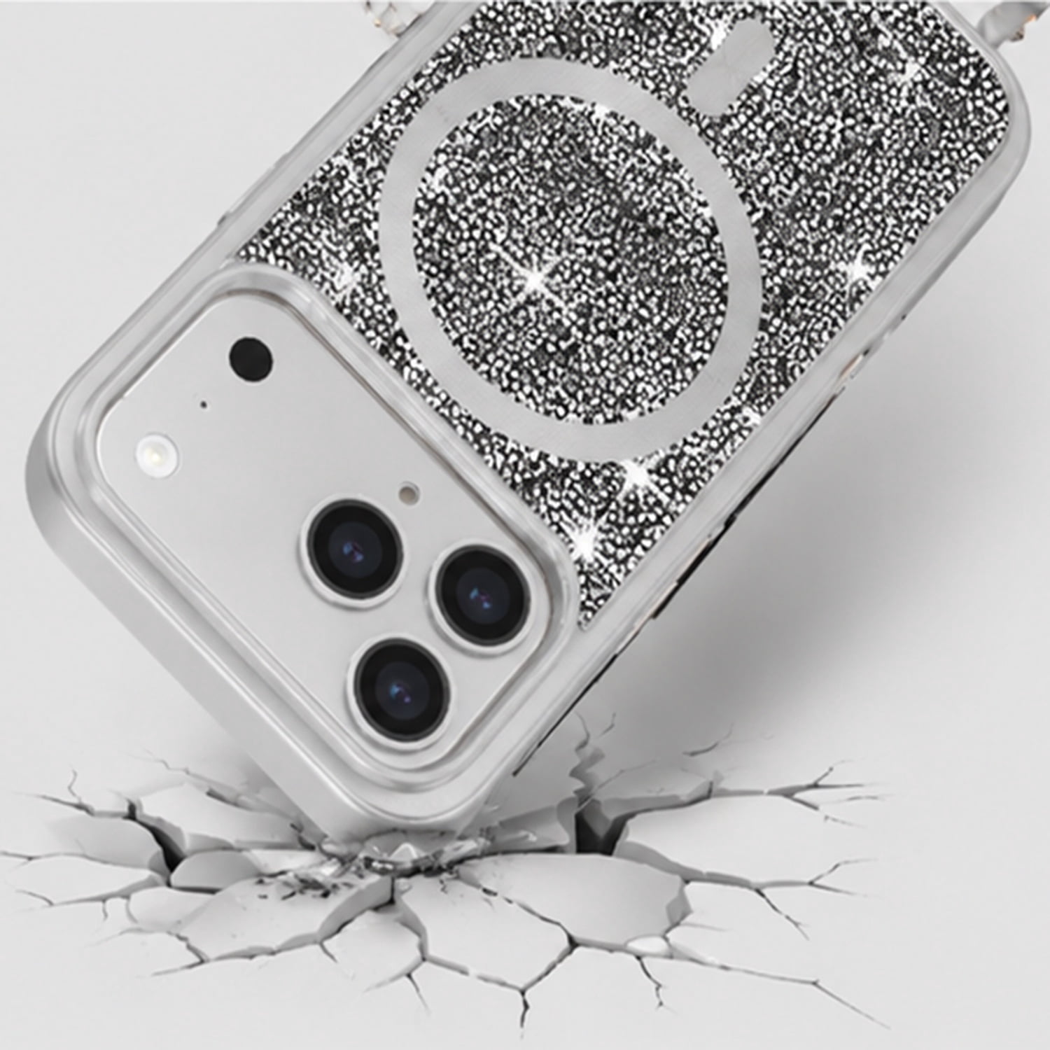 Crystal Diamond Magnetic Protective Cover with Card Pocket for iPhone 17 Pro Max - Silver