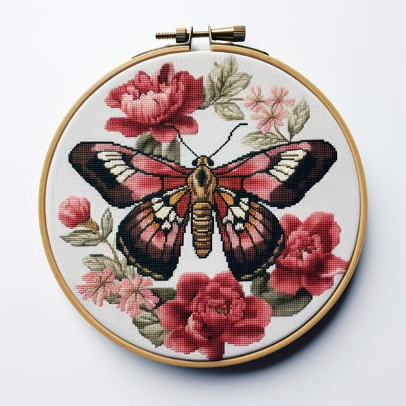 Big Moth and Flower DIY Stamped Cross Stitch Kits for Beginners Easy with Hoop 11CT Needlepoint Embroidery Counted Cross Stitch Kits Art Craft Wall Decoration 35x35cm(1)