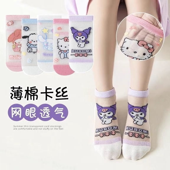Girls Cute Cartoon Character Socks, Lightweight Breathable Summer Dance Socks for Kids, 5-Pack Sanrio Pattern Crew Socks