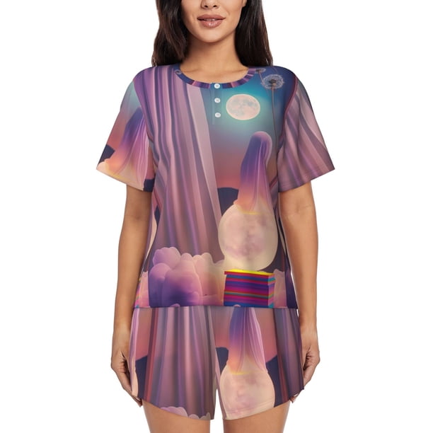 Balery Dreamy Moonlit Window Conjunto de Pijama para Mujer con Estampado, Dos Piezas de Manga Corta y Shorts, Ropa de Dormir Suave con Cuello Redondo y Bolsillos-Medium