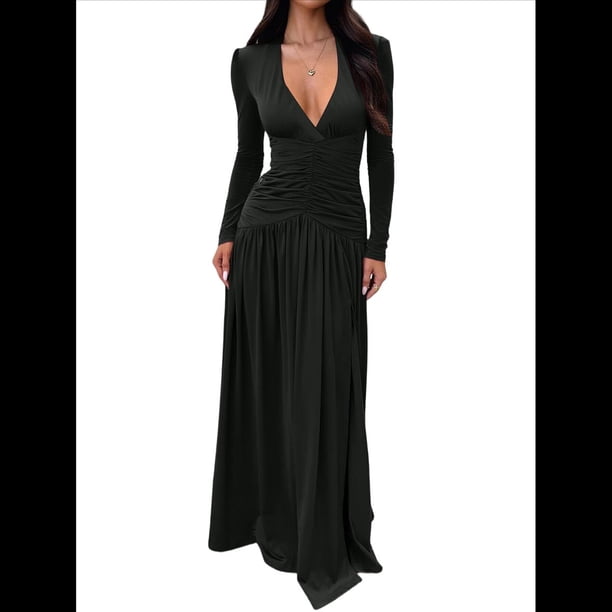 Vestido de Larga para Mujer, Cuello en V, Cintura Cruzada, Vestidos Formales Largos de Cóctel, Atuendos para Salidas Nocturnas Negro M