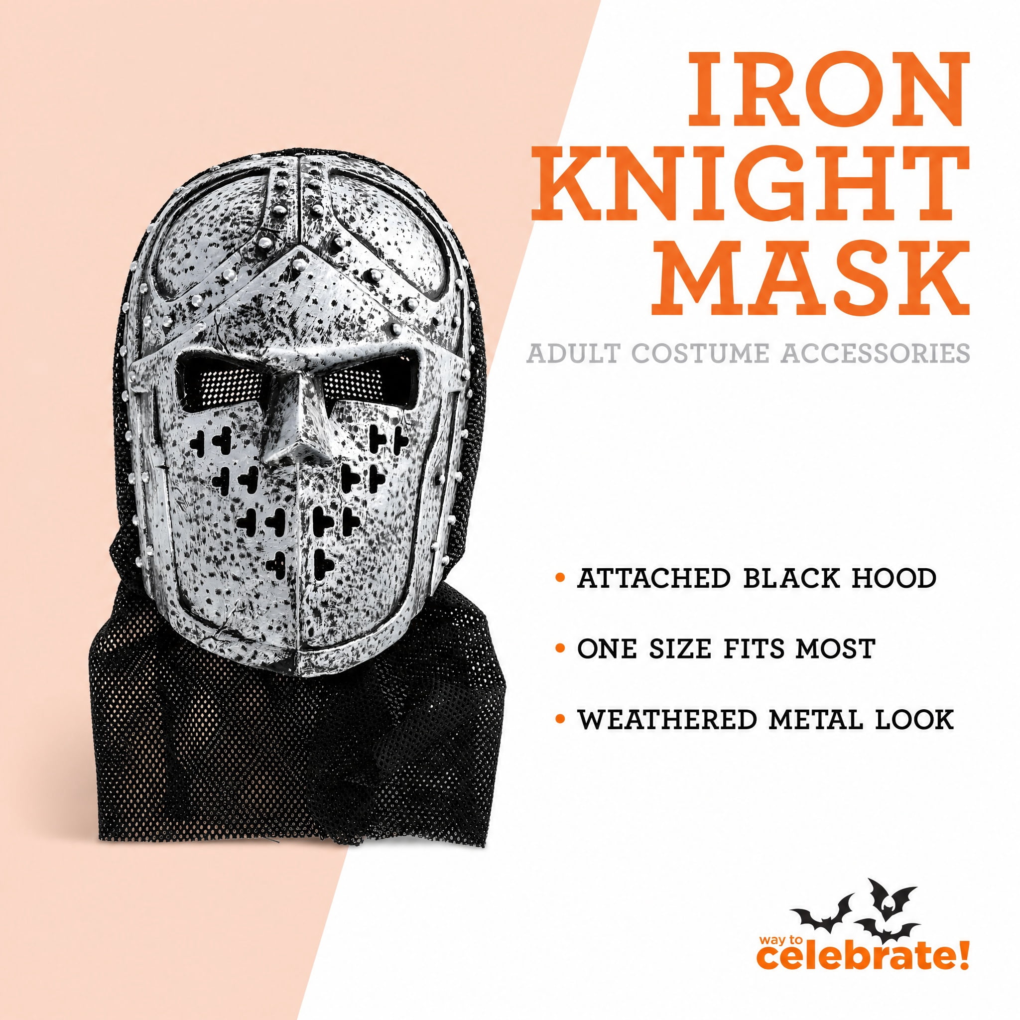 Iron Knight Mask Costume Accessory for Adults, Silver and Black, Halloween by Way To Celebrate