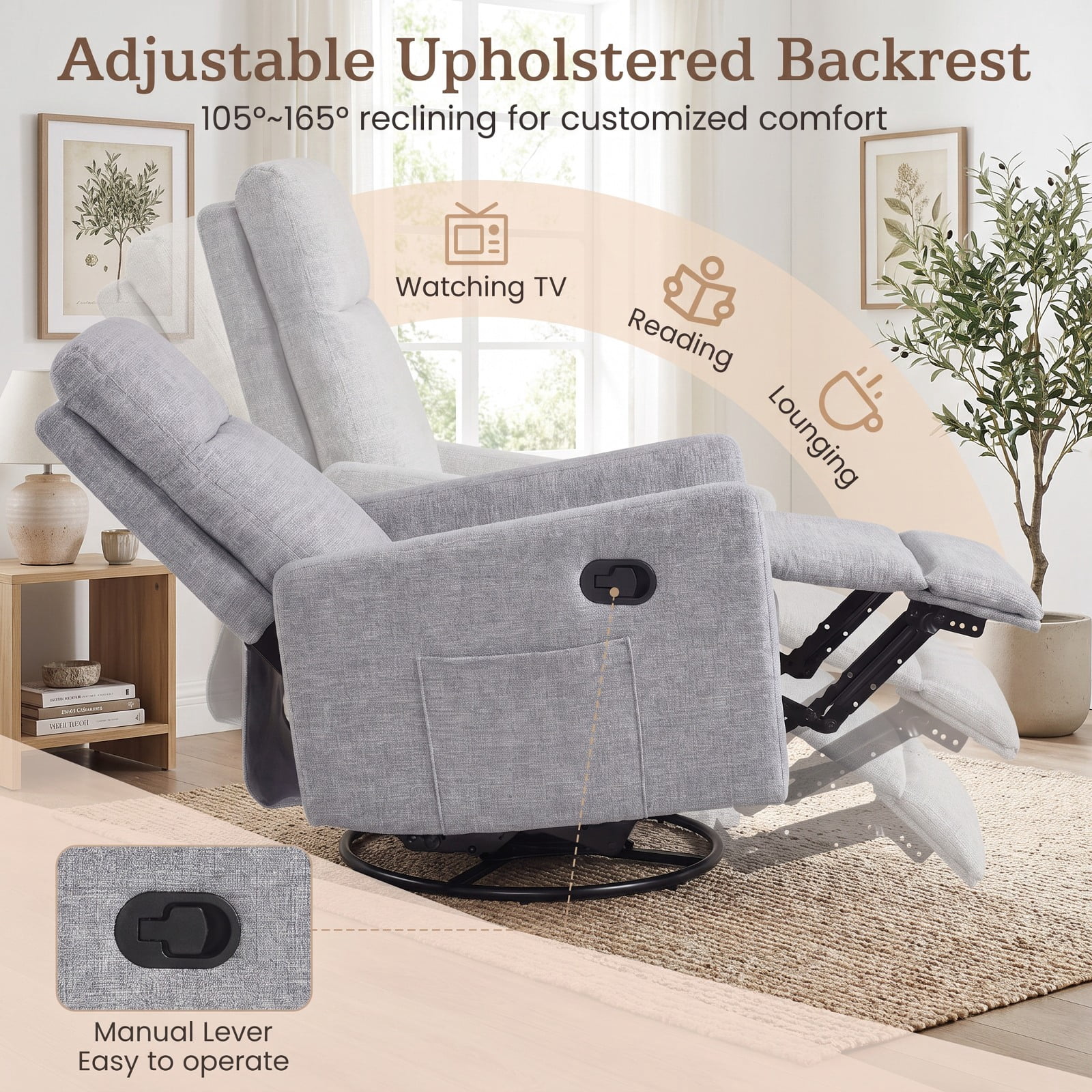 Furnibear Swivel Rocking Chair with 360 Degree Base Reclining Backrest and Extending Footrest for Nursery and Living Room, Gray