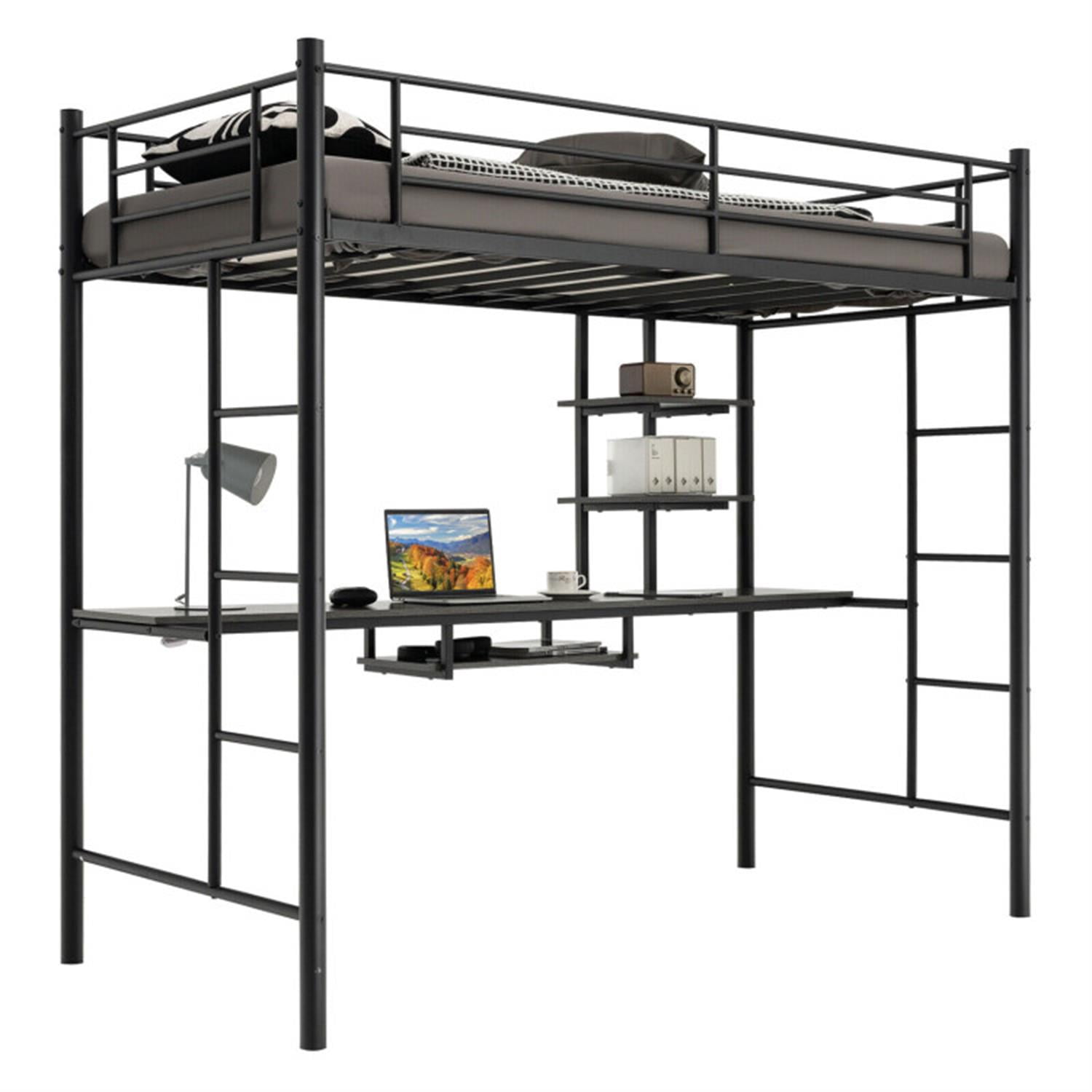 Demi Bonn Twin Size Metal Loft Bunk Bed with Desk Shelf and Full Length Guardrail for Teens, Black