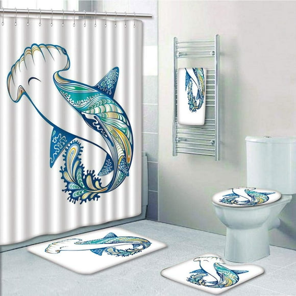 EREHome Hammer Head Shark Ornate Underwater Sea Ocean Life Animals Marine 5 Piece Bathroom Set Shower Curtain Bath Towel Bath Rug Contour Mat and Toilet Lid Cover