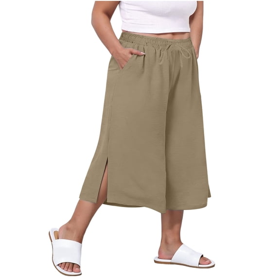 WMTBSRSW Plus Size Linen Capris for Women Summer Flowy Wide Leg Cropped Palazzo Pants Lightweight Split High Waisted Drawstring Trousers with Pockets Khaki 3X-Large