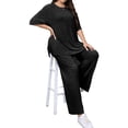 thumbnail image 4 of Plus Size Women 2 Piece Solid Casual Sets Short Sleeve Tops and Wide Leg Pants Outfit, 4 of 6