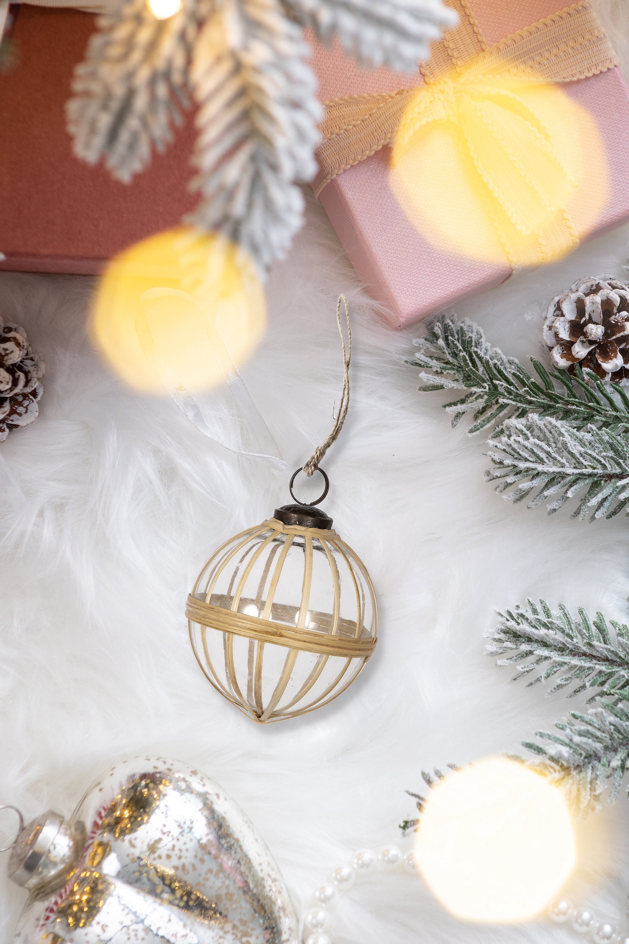 Glass and Cane Christmas Ball Ornament 3.8 Inch Rustic Natural Texture Tree Garland Decor