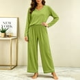 thumbnail image 5 of Women's V-Neck Loungewear Two Piece Set Loose Long Sleeve Top and Straight Leg Full Length Pants Soft Breathable Casual Pajama Set Green, 5 of 7