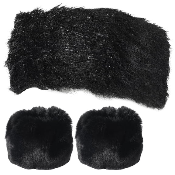 Black Fur Headband with Wrist Cuffs Set Womens Winter Fuzzy Headbands Ear Warmers Ski Hat Soft Thick Elastic Stretch Furry Earmuffs Black