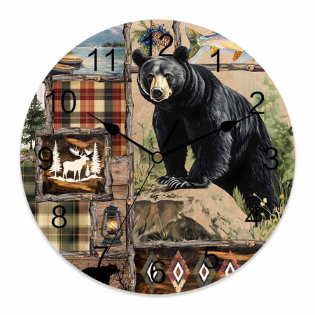 Wall Clock 14 inch Bear Fish Lake Camp Battery Operated Clocks Silent Non-Ticking Wallclock Retro Forest Round Decorative Wall Clocks for Home Office School