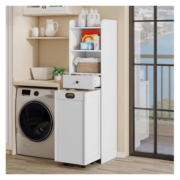 Laundry Hamper Cabinet, Laundry Cabinets and Storage with Multi Shelves, Movable Laundry Hamper Cabinet for Bathroom or Laundry Room Organization, White