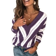 Deep V Neck Sweaters for Women Long Sleeve Tops Fashion Loose Pullover Knit Clothes