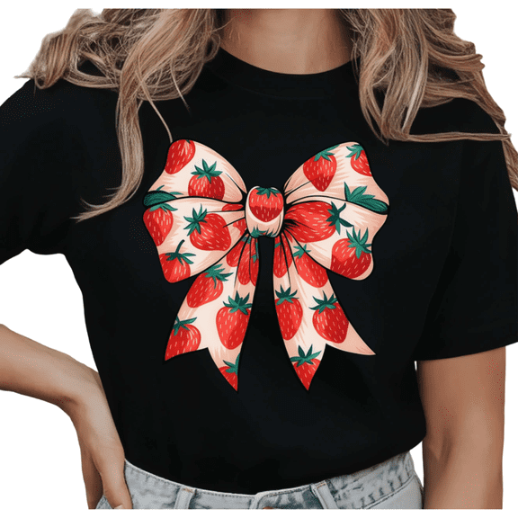 Women's Strawberry Pattern Bow Graphic Coquette Sweet Comfortable T Shirt Short Sleeve Round Neck Top Black S-5XL