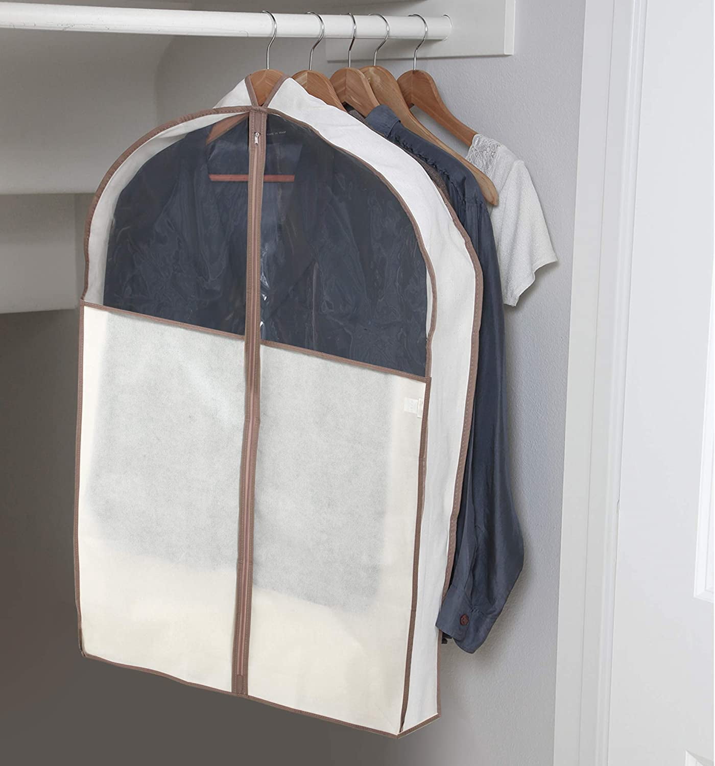 Smart Design Gusseted Garment Bag Hanger - 24 x 42 Inch - Clothing Storage Cover - Includes Zipper Closure and Travel Loop - Suits, Dresses Travel Closet Organization - Beige