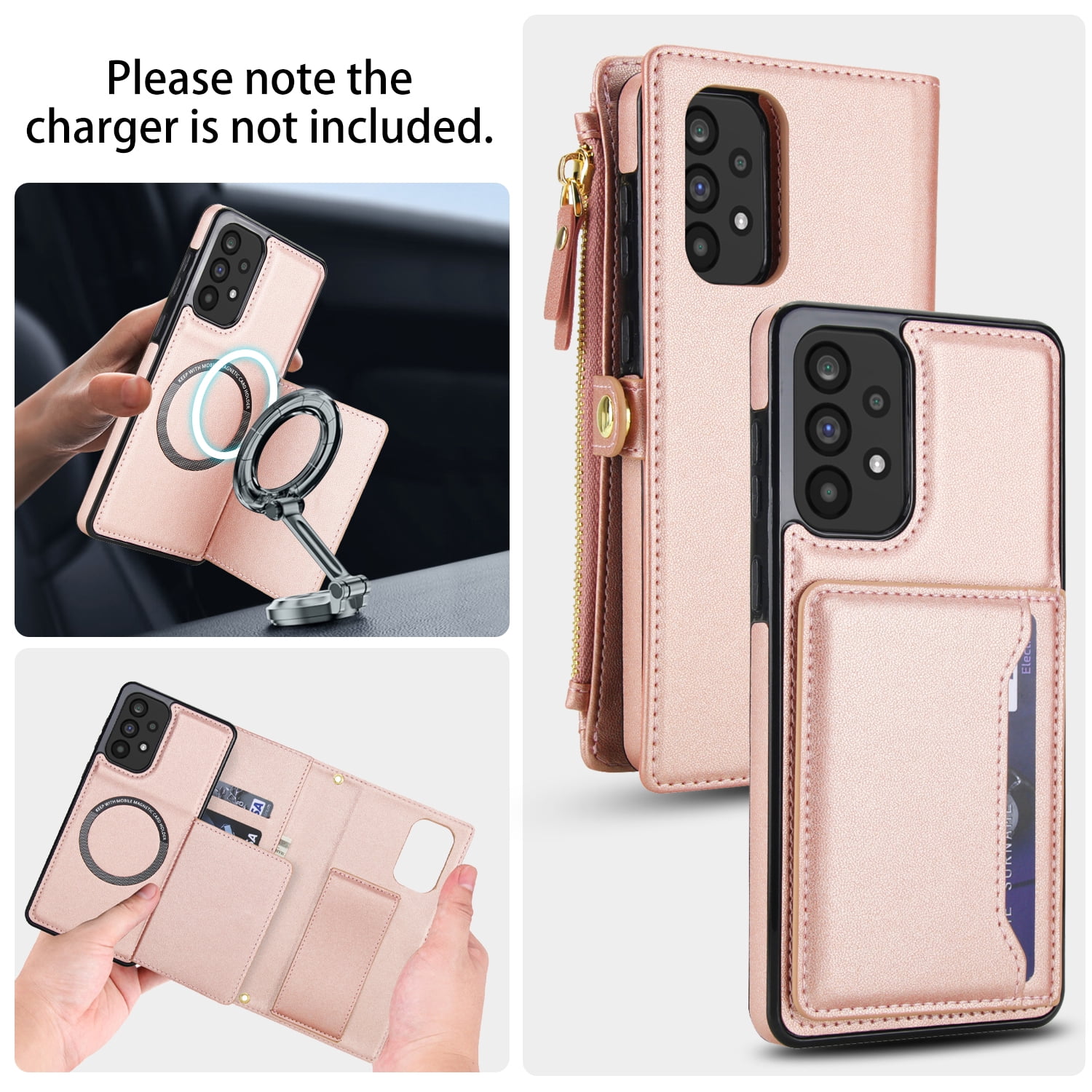 Designed for Samsung Galaxy A14 5G Multi-Function Wallet Phone Case,With Shoulder Strap&Wrist Strap,Cash Pocket&Card Slots,Zipper Purse,Magnetic Detachable PU Leather Flip Phone Case,Rosegold