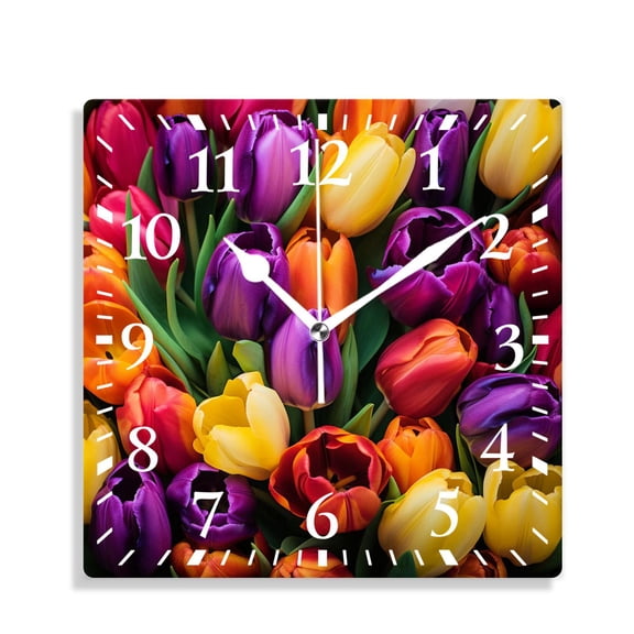 12 Inch Wall Clock Battery Operated Silent Clock Decorative for Office, Kitchen, Outdoor, Living Room,Bright Colored Tulip Flower Multicolor Spring Floral Print Painting