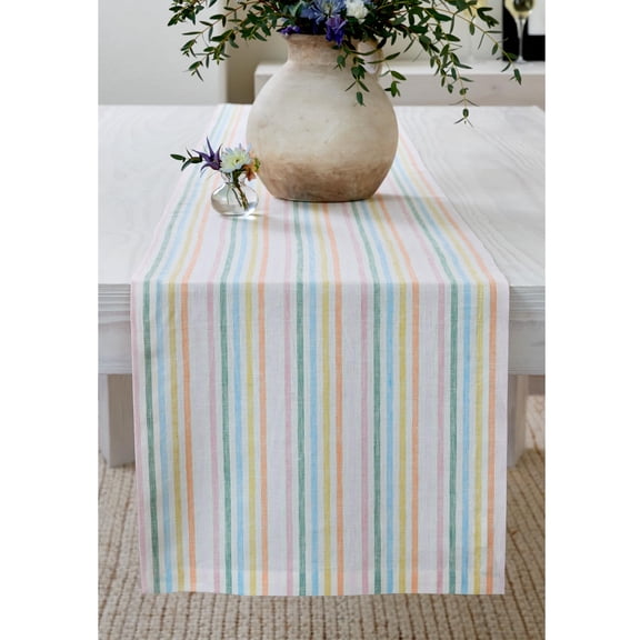 Solino Home Linen Table Runner 36 Inches - Julia 100% Pure Linen Multicolor Muted Pastel Stripe Table Runner 14 x 36 Inch Ideal for Dresser and Coffee Tables, Spring, Easter