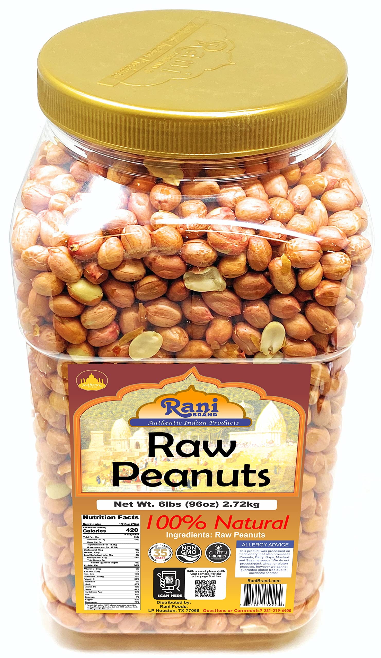 Rani Peanuts, Raw Whole With Skin (uncooked, unsalted) 6lbs (96oz) 2.72kg Bulk PET Jar ~ All Natural | Vegan | Gluten Friendly  ~ Spanish Grade Groundnut / Red-skin