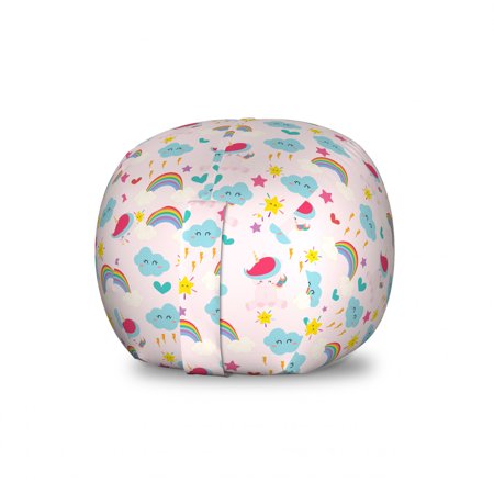 Unicorn Storage Toy Bag Chair  Theme of Clouds Rainbows Stars Print  Stuffed Animal Organizer Washable Bag  Small Size  Pale Pink Multicolor  by Ambesonne