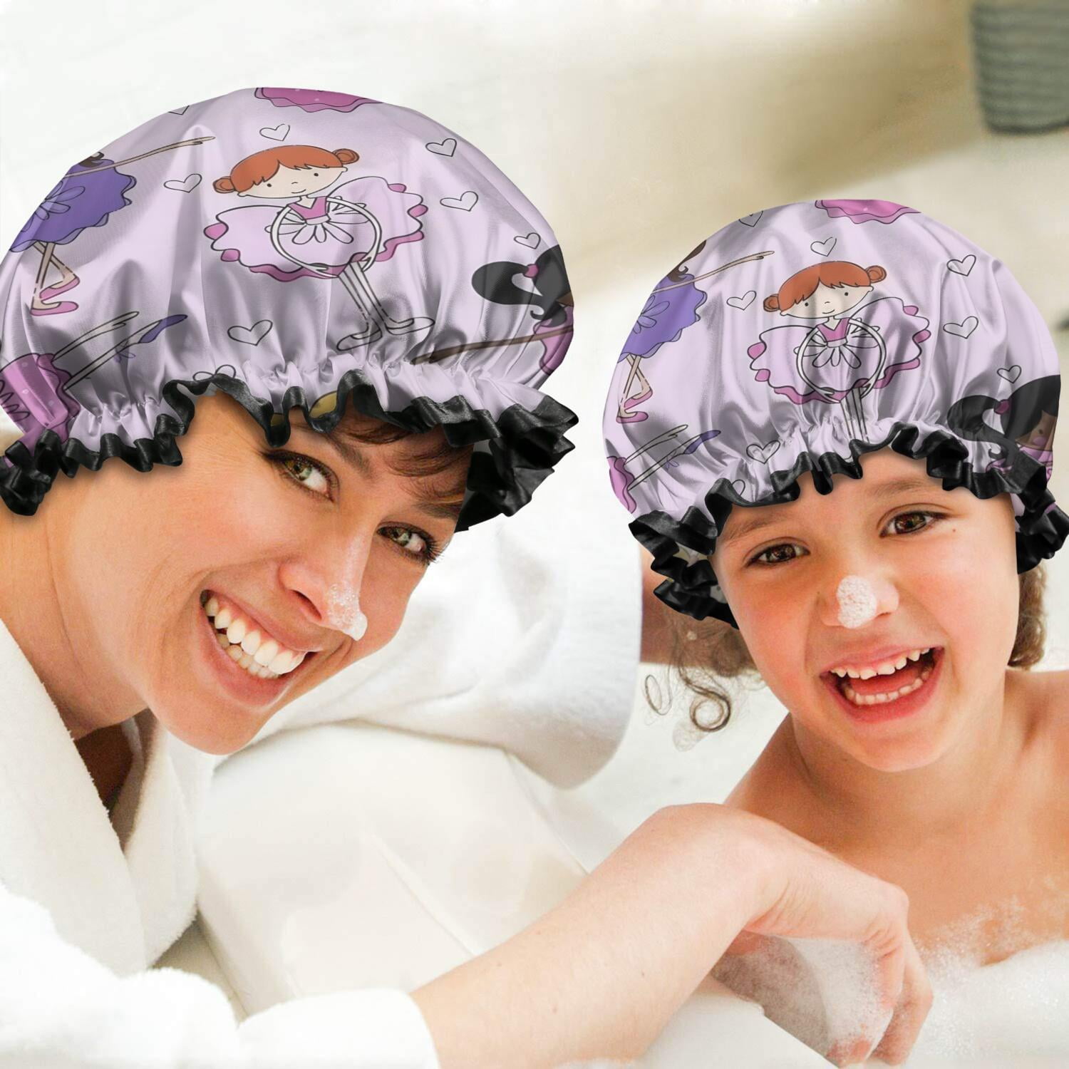 Shower Caps,Ballet Princess Girls Pattern Waterproof Shower Cap for Women 4 Pieces,Double Reusable Hair Cover for Shower PEVA Elastic Stretch Hem