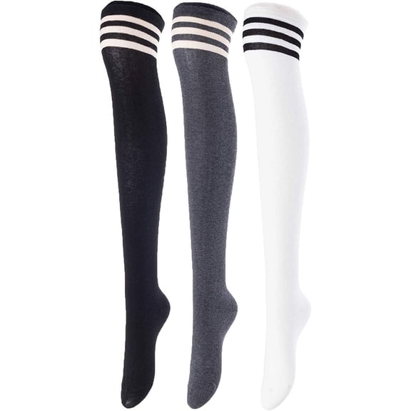 Lovely Annie Women's 3 Pairs Incredible Durable Super Soft Unique Over Knee High Thigh High Cotton Socks Size 6-9 A1022(Black, Dark Grey, White)