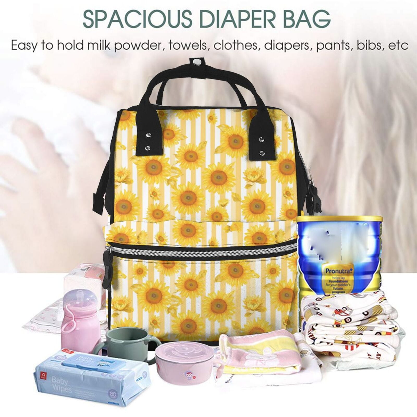 Fuzoiu Yellow White Striped Sunflower Print Diaper Bag Backpack,Baby Essentials Travel Tote,Multi function Waterproof Diaper Bag, Travel Essentials Baby Bag - Unisex