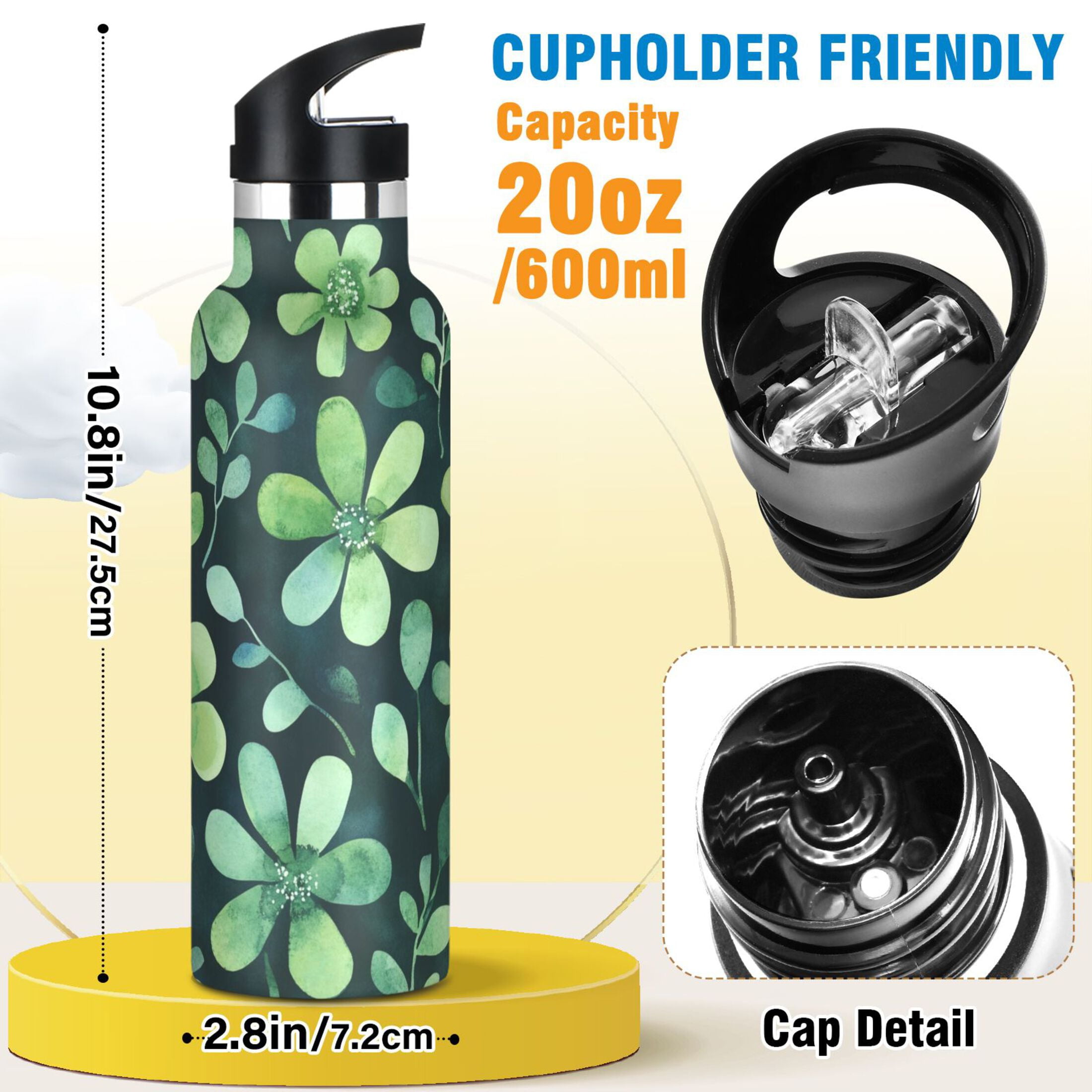 600ML Stainless Steel Insulated Cup Sports Water Bottle Portable Thermos Cup Water Glasses Insulated Tumblers Convenient and Durable Cartoon Green Flowers