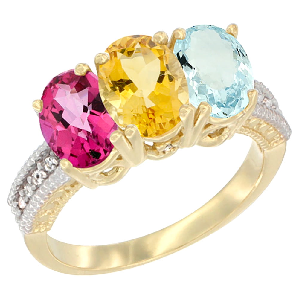 14K Yellow Gold Natural Pink Topaz, Citrine & Aquamarine Ring 3-Stone 7x5 mm Oval Diamond Accent, sizes 5 10 by WorldJewels